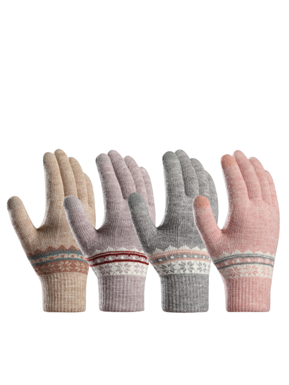 Beige, purple, gray and pink patterned gloves displayed together
