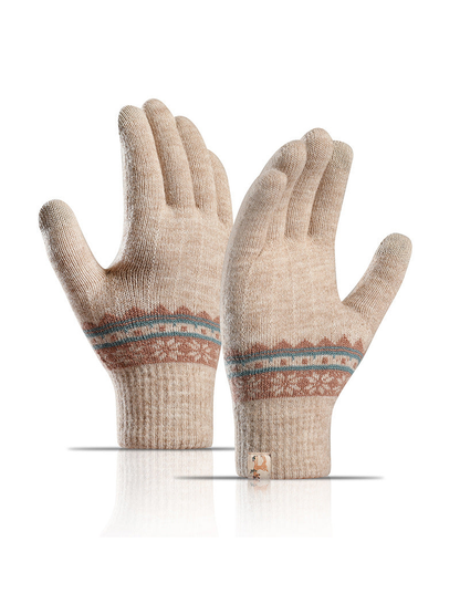 Beige patterned gloves with extended ribbed cuffs