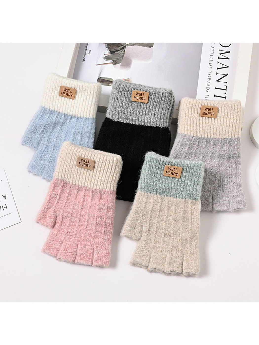 Five colorblock fingerless glove styles arranged together