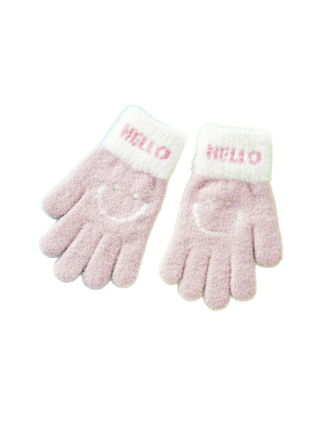 Pair of pink fuzzy gloves with white cuffs and smiley motifs on a white background