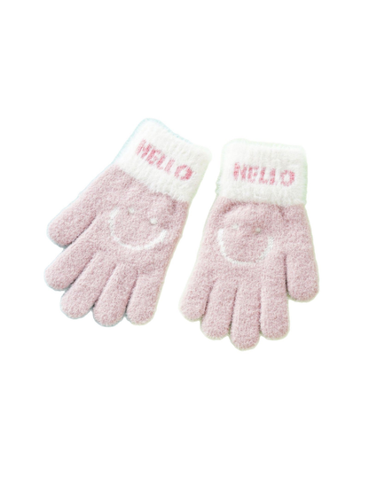Pair of pink fuzzy gloves with white cuffs and smiley motifs on a white background