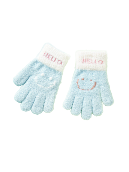 Pair of blue fuzzy gloves with white cuffs and smiley motifs