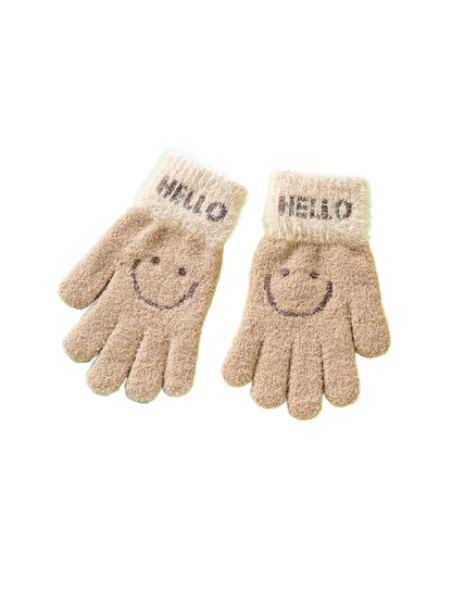 Pair of camel fuzzy gloves with contrasting cuffs and smiley motifs