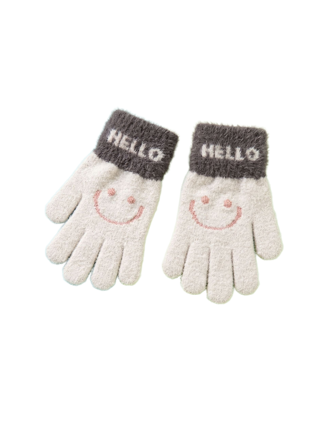 Pair of beige fuzzy gloves with dark gray cuffs and smiley motifs