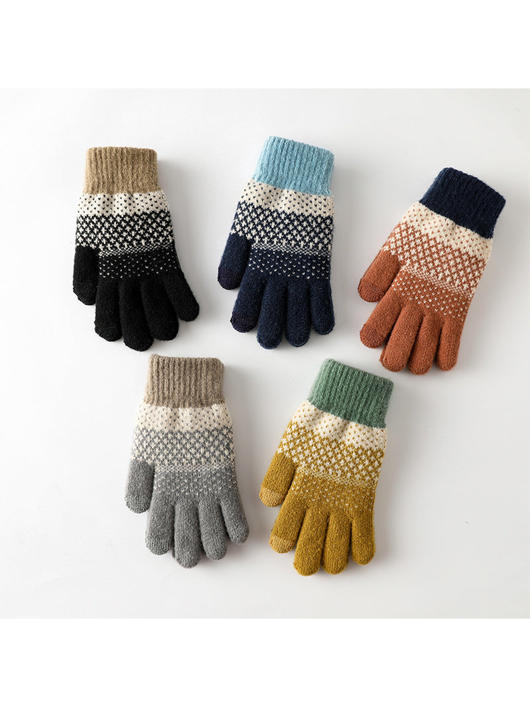 Five color variations of geometric-pattern knit gloves with ribbed cuffs