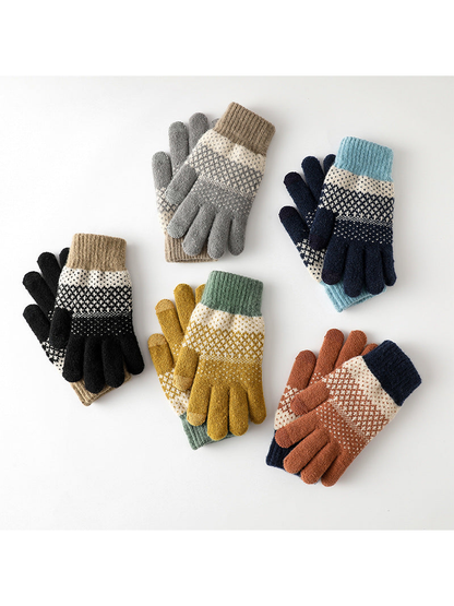 Five color variations of geometric-pattern knit gloves arranged in pairs