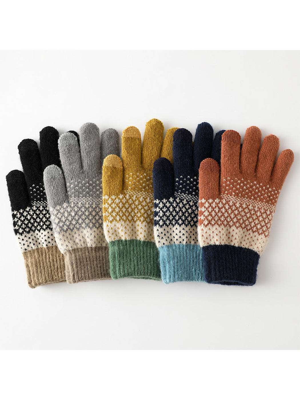 Five color variations of geometric-pattern knit gloves arranged side by side