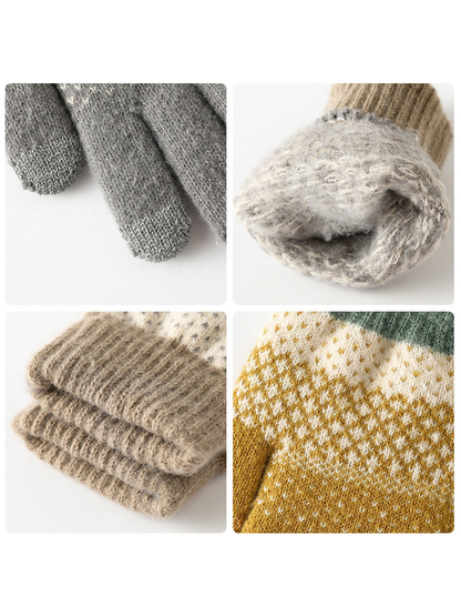 Close-up views of the knit fingertips, fuzzy interior, ribbed cuffs and geometric pattern