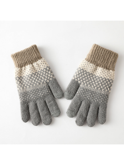Gray geometric-pattern knit gloves with taupe ribbed cuffs