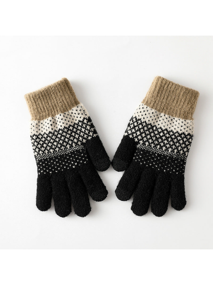 Black geometric-pattern knit gloves with taupe ribbed cuffs