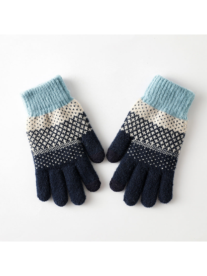 Navy geometric-pattern knit gloves with light blue ribbed cuffs