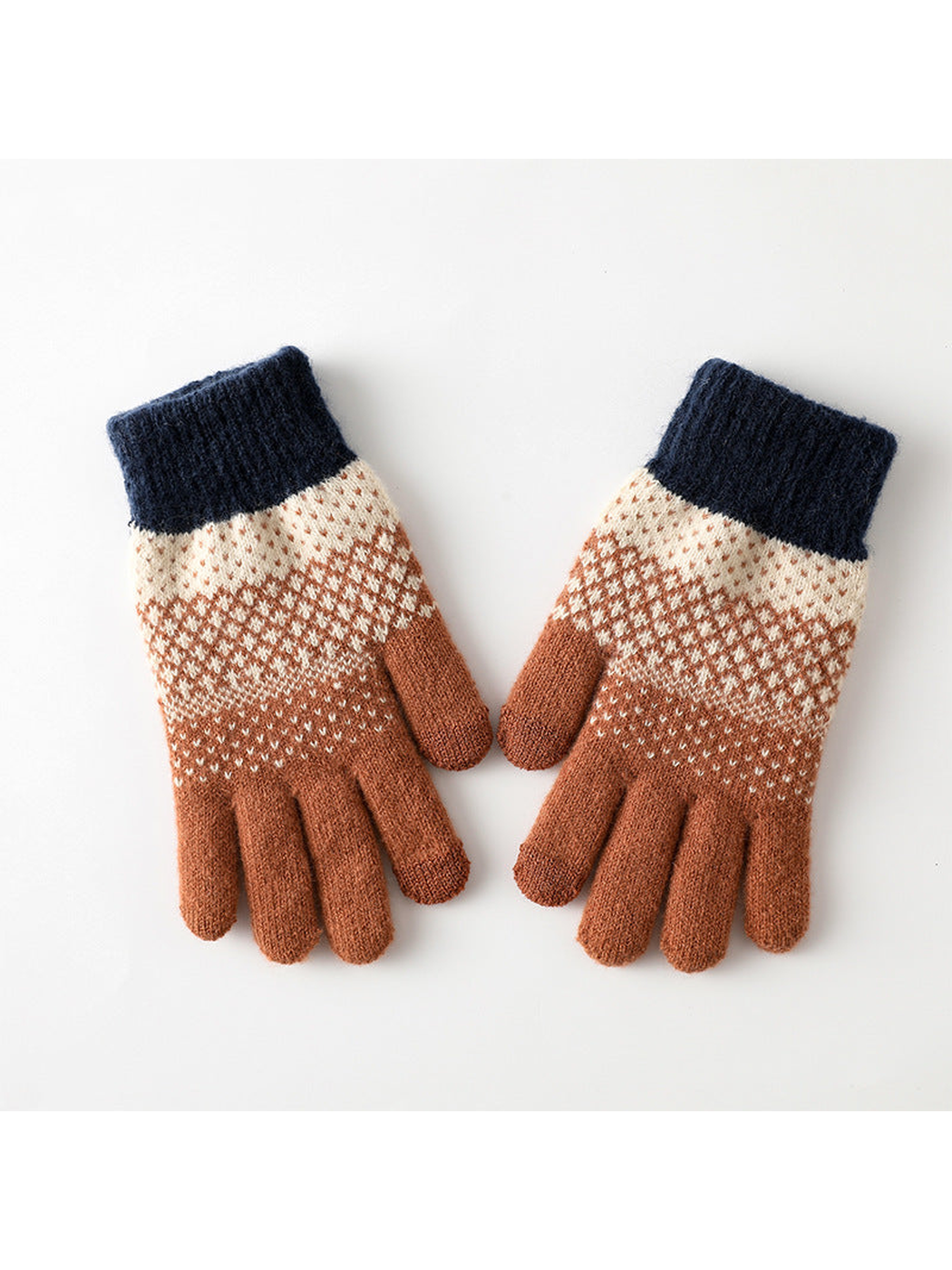 Brick red geometric-pattern knit gloves with navy ribbed cuffs