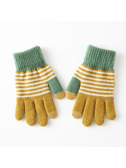 Mustard yellow striped gloves with green ribbed cuffs