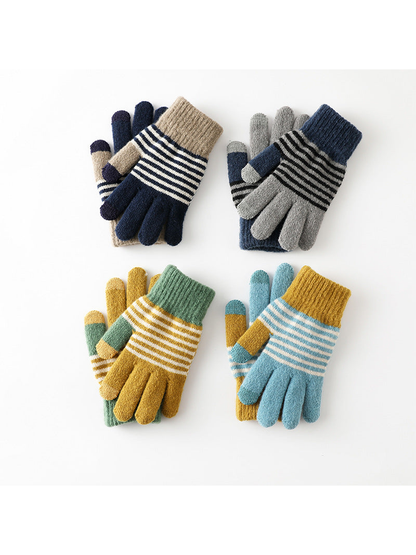 Four striped glove colors arranged together on a white background