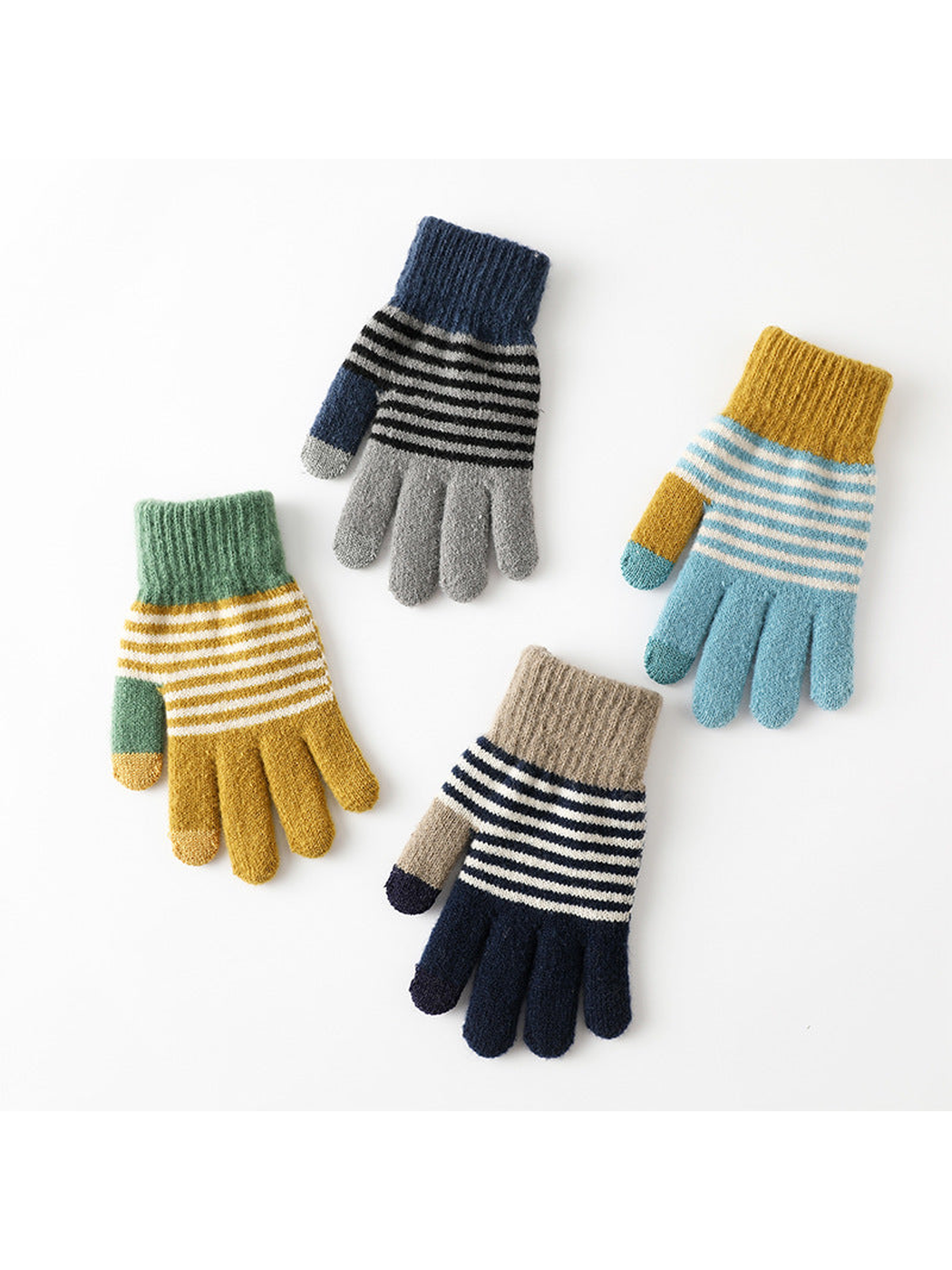 Four striped glove colors displayed separately on a white background