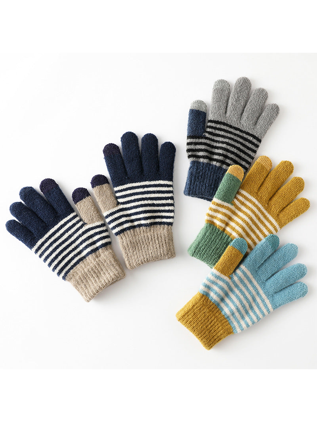 Four striped glove colors arranged to show palm and back views
