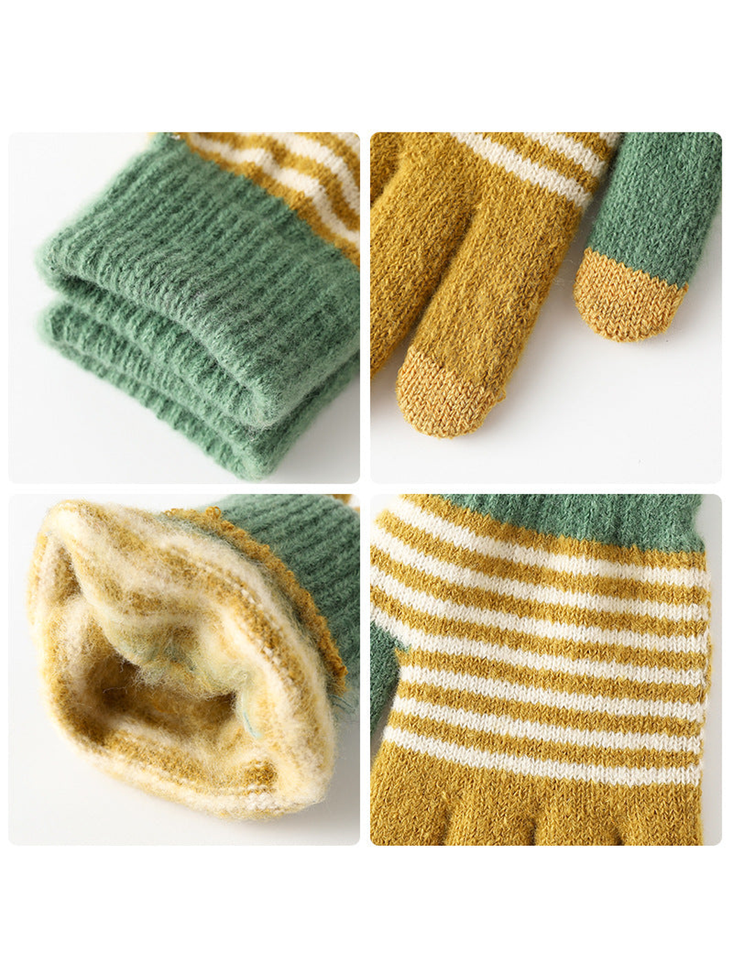 Close-up views of the ribbed cuff, fuzzy interior, striped knit and contrasting fingertips