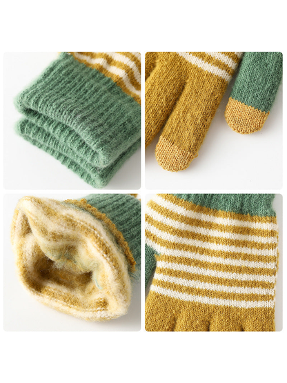 Close-up views of the ribbed cuff, fuzzy interior, striped knit and contrasting fingertips
