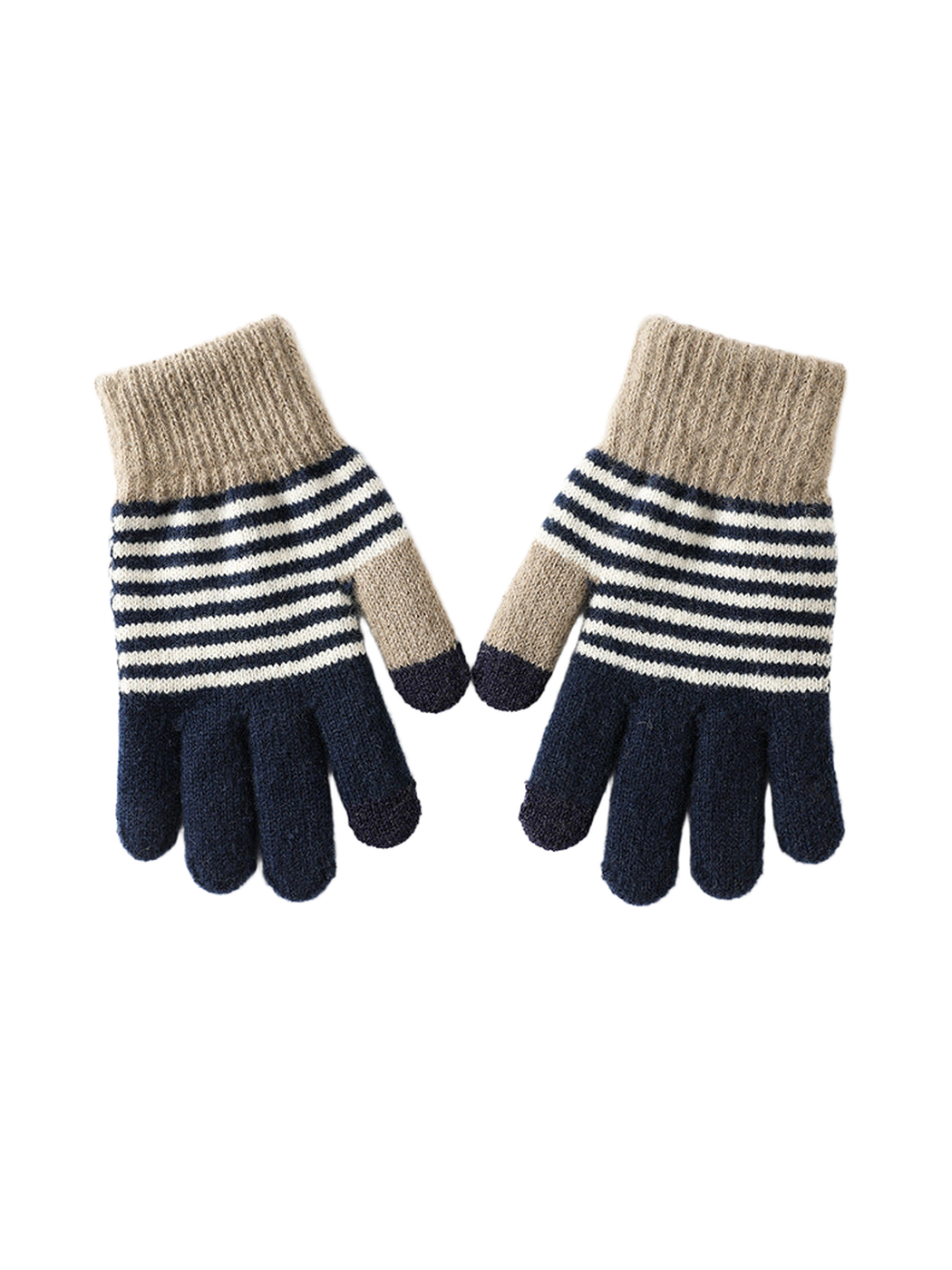 Navy and beige striped gloves with ribbed cuffs