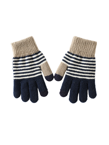Navy and beige striped gloves with ribbed cuffs