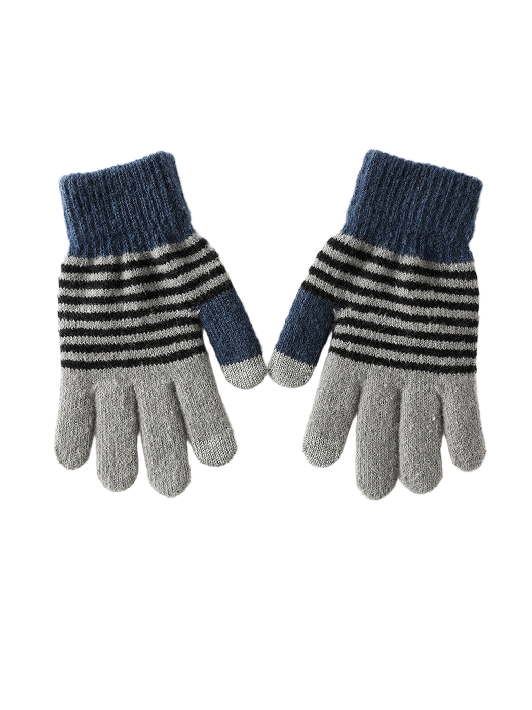 Gray and navy striped gloves with ribbed cuffs