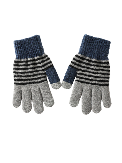 Gray and navy striped gloves with ribbed cuffs