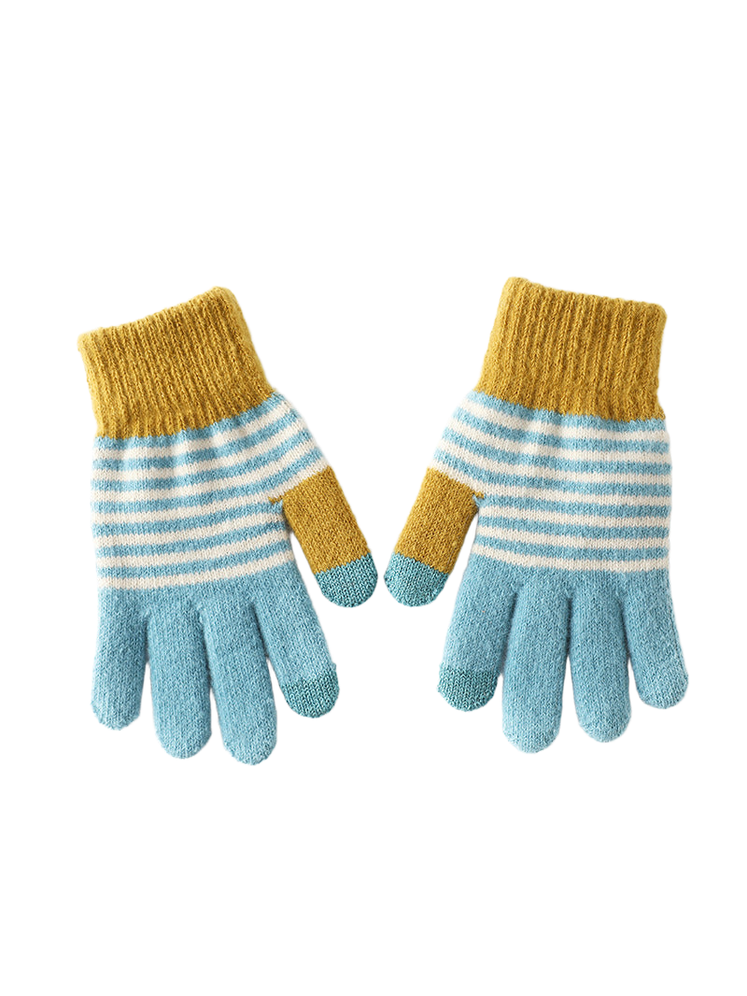 Light blue striped gloves with mustard yellow ribbed cuffs