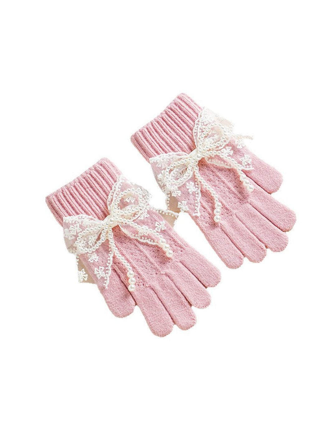 Pink gloves with ribbed cuffs and lace bows on a white background