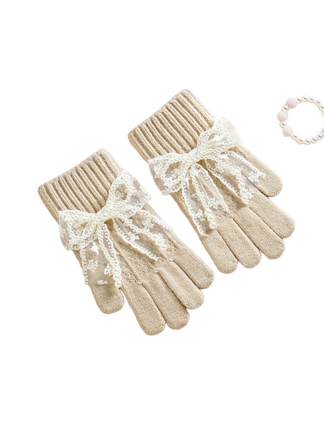 Beige gloves with ribbed cuffs and lace bows