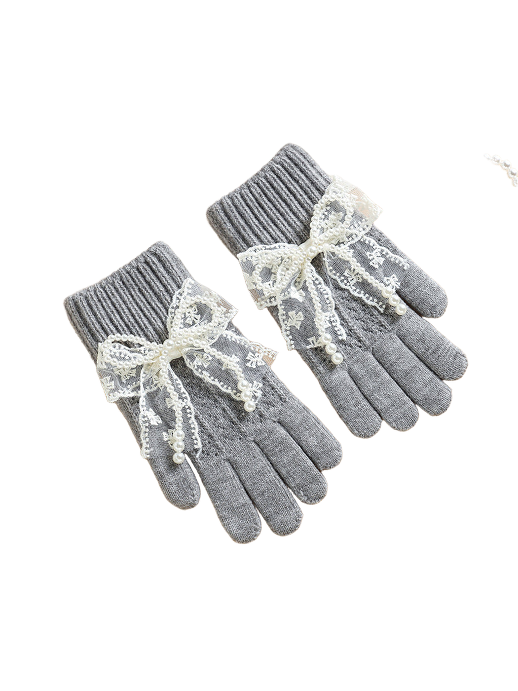 Gray gloves with ribbed cuffs and lace bows