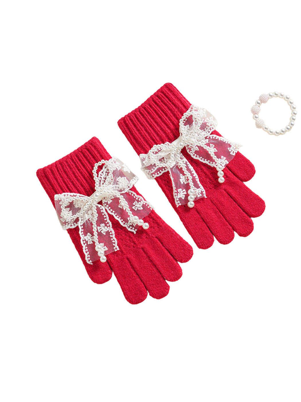 Red gloves with ribbed cuffs and lace bows