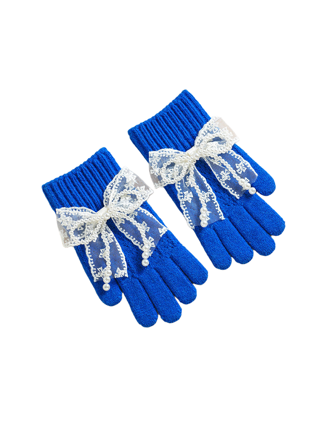 Deep blue gloves with ribbed cuffs and lace bows