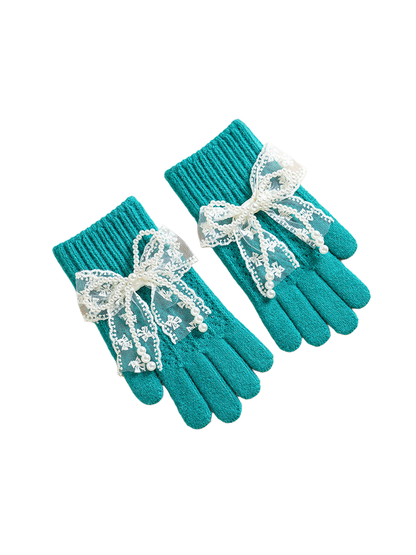 Turquoise gloves with ribbed cuffs and lace bows