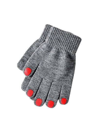 Deep gray knit gloves with red fingertip patches