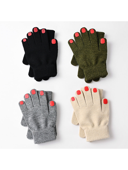 Black, deep gray, beige, and dark green knit gloves displayed together