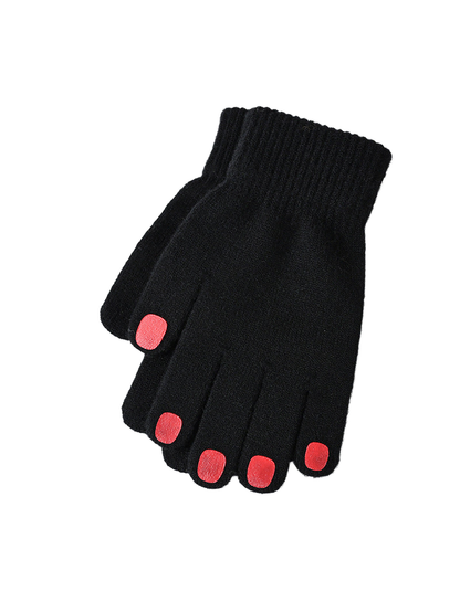 Black knit gloves with red fingertip patches