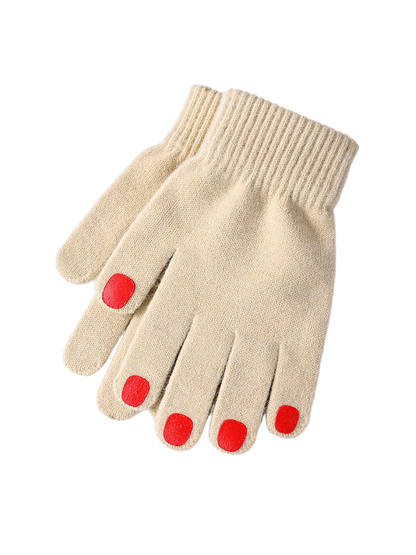 Beige knit gloves with red fingertip patches