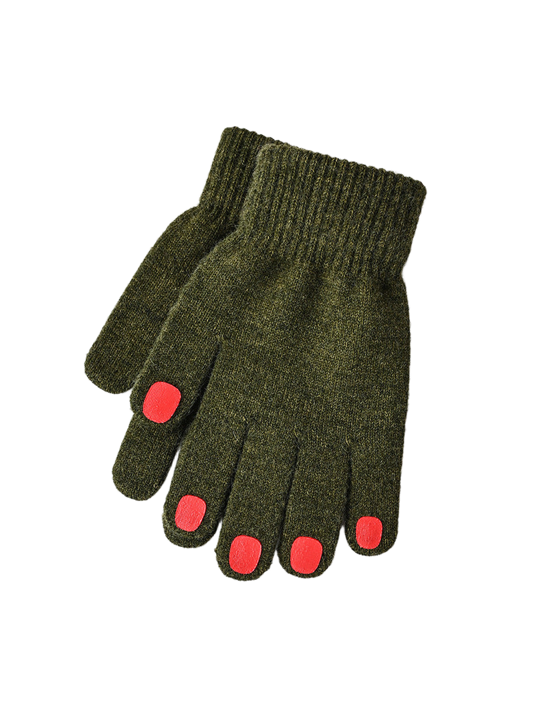 Dark green knit gloves with red fingertip patches