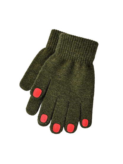 Dark green knit gloves with red fingertip patches
