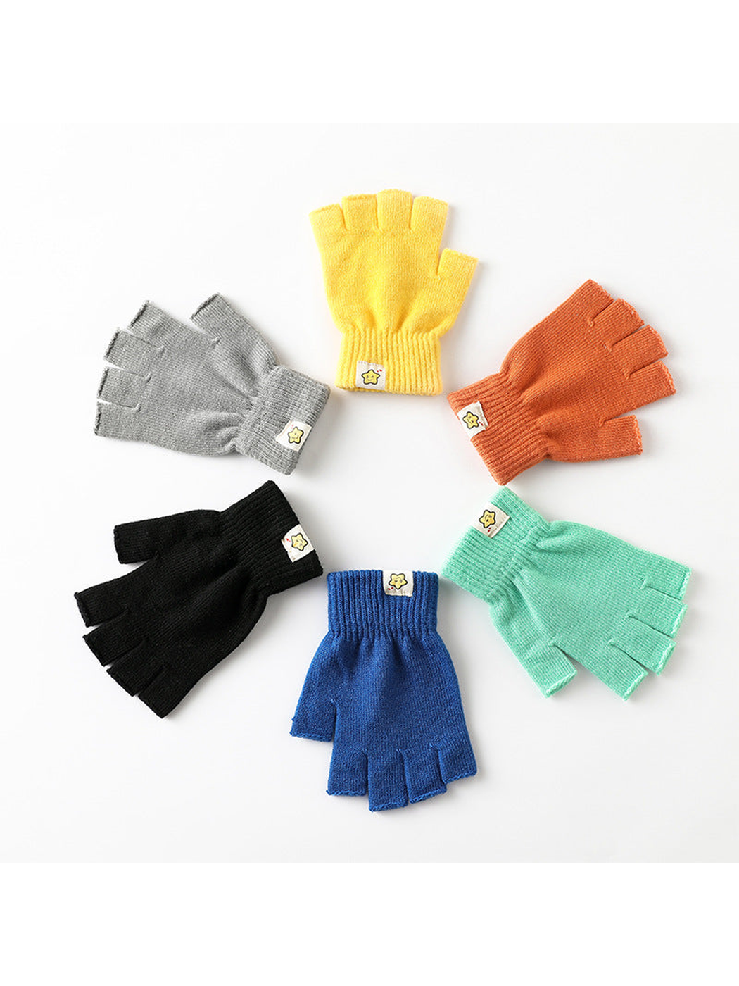 Six colors of fingerless gloves arranged in a circle