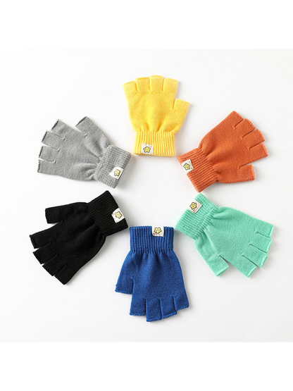 Six colors of fingerless gloves arranged in a circle