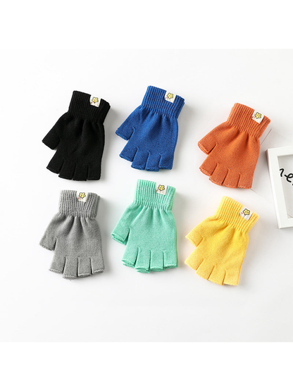 Black, blue, orange, gray, mint and yellow fingerless gloves displayed together