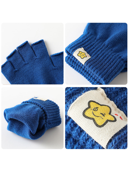 Close-up views of blue fingerless glove knit, ribbed cuff and star patch