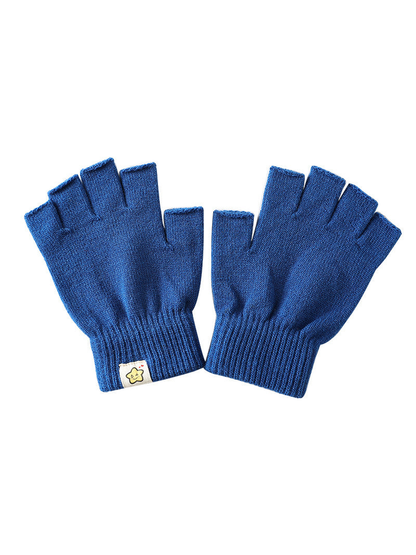 Blue fingerless gloves with ribbed cuffs and small star patch