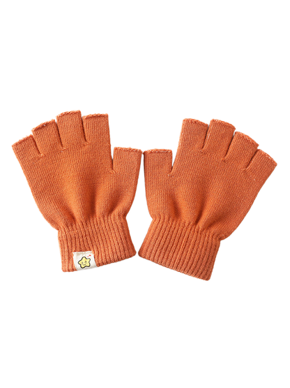 Orange fingerless gloves with ribbed cuffs and small star patch