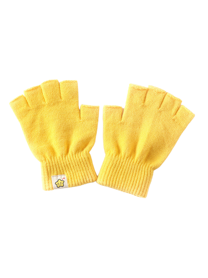 Yellow fingerless gloves with ribbed cuffs and small star patch