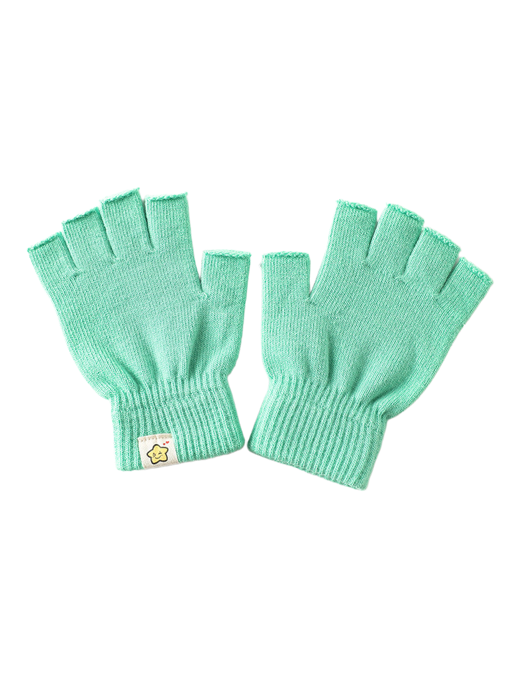 Mint green fingerless gloves with ribbed cuffs and small star patch