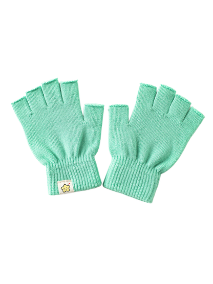 Mint green fingerless gloves with ribbed cuffs and small star patch