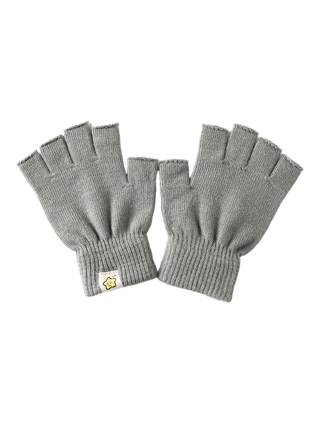 Gray fingerless gloves with ribbed cuffs and small star patch