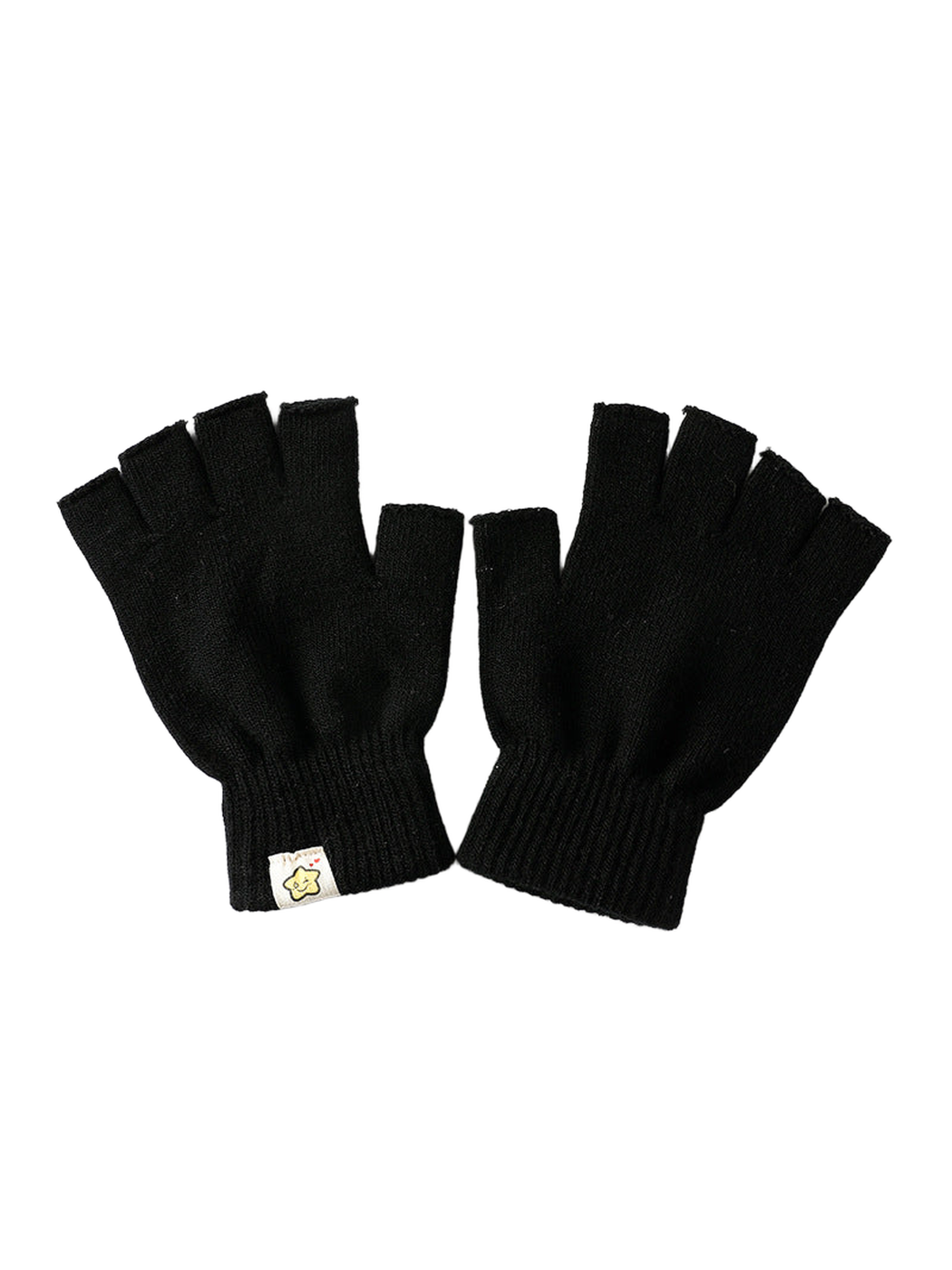 Black fingerless gloves with ribbed cuffs and small star patch